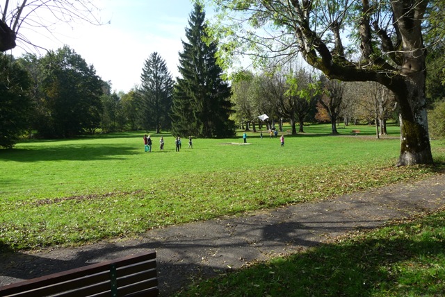 Die Kinder der 2b Klasse lassen im Kurpark Drachen steigen
